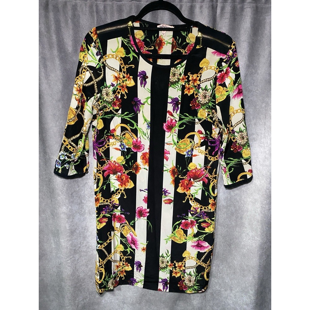 Juicy Couture Sheath Mini Silk Dress Sz 8 Floral Stripes Gold Shoulder Zippers